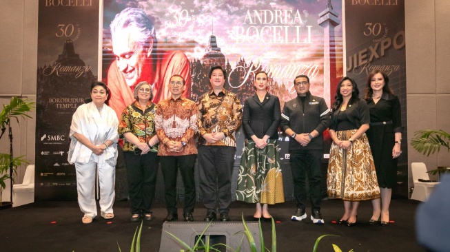 Konferensi pers konser Andrea Bocelli di Jakarta International Expo (JIExpo) Kemayoran, Jakarta, pada Rabu (19/8/2026).