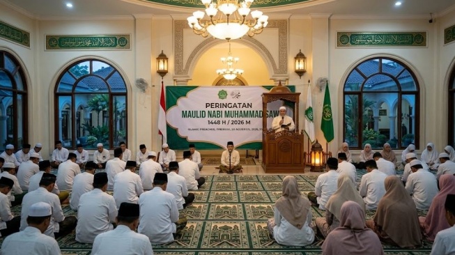 Ilustrasi Maulid Nabi Muhammad SAW di Masjid. (Gemini AI)