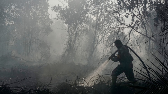 Personel TNI menyemprotkan air saat berupaya memadamkan kebakaran lahan gambut yang meluas di Desa Rimbo Panjang, Kecamatan Tambang, Kabupaten Kampar, Riau, Rabu (19/8/2026). [ANTARA FOTO/Rony Muharrman/tom]