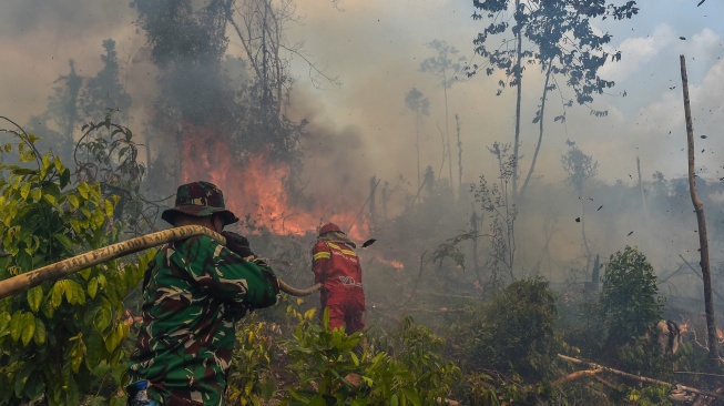Petugas Manggala Agni Daops Muara Bulian bersama prajurit TNI memadamkan api yang membakar lahan di Tenam, Batang Hari, Jambi, Jumat (21/8/2026). [ANTARA FOTO/Wahdi Septiawan/YU]