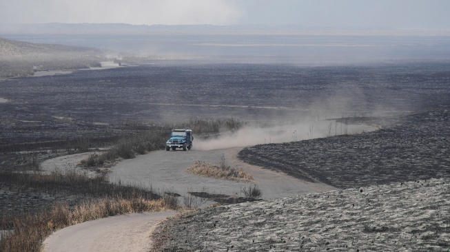 Mobil pengangkut wisatawan melintasi kawasan tersibak kebakaran di Taman Nasional Bromo Tengger Semeru (TNBTS), Kabupaten Probolinggo, Jawa Timur, Kamis (20/8/2026). [ANTARA FOTO/Irfan Sumanjaya/nz]