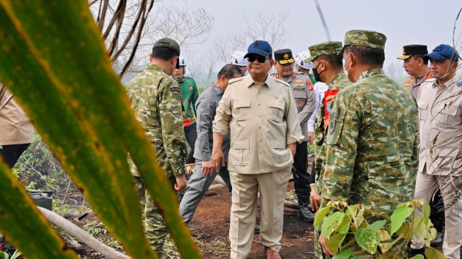 Presiden Prabowo Subianto meninjau salah satu lokasi terdampak kebakaran di Desa Limbung, Kabupaten Kubu Raya, Kalimantan Barat. [Biro Pers, Media, dan Informasi Sekretariat Presiden]