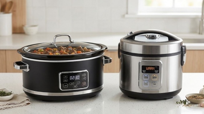 Ilustrasi Slow Cooker dan Rice Cooker. (Gemini AI)