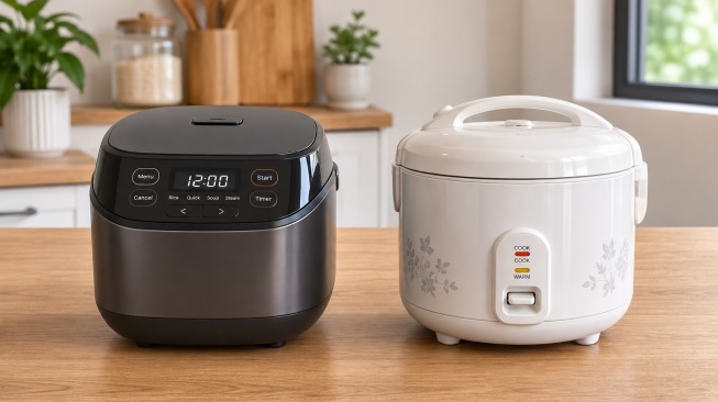 ilustrasi rice cooker digital vs rice cooker analog (dibuat dengan ChatGPT)