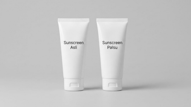 Ilustrasi sunscreen asli dan palsu. (Gemini AI)