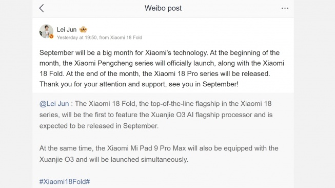 Bocoran Xiaomi 18 Fold dan 18 Pro. [Weibo] 