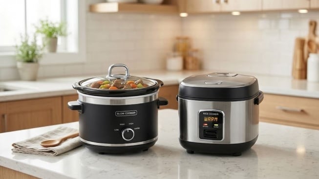 Ilustrasi Slow Cooker dan Rice Cooker. (Gemini AI)