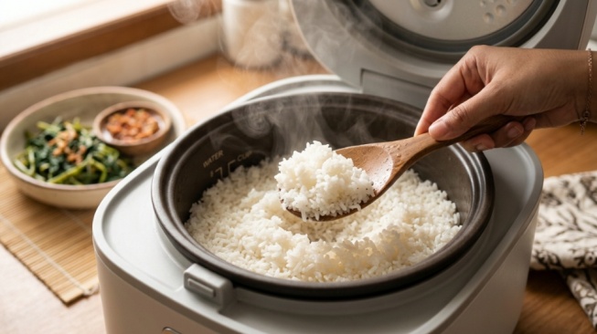 Ilustrasi nasi yang dimasak menggunakan rice cooker dengan panci keramik. (Gemini AI)