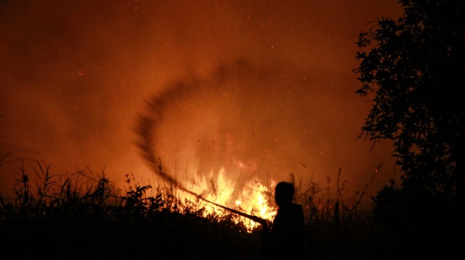 Petugas dari Dinas Kehutanan Kalteng berupaya memadamkan kebakaran di Kelurahan Menteng, Palangka Raya, Kalimantan Tengah, Kamis (27/8/2026). [ANTARA FOTO/Auliya Rahman/foc]