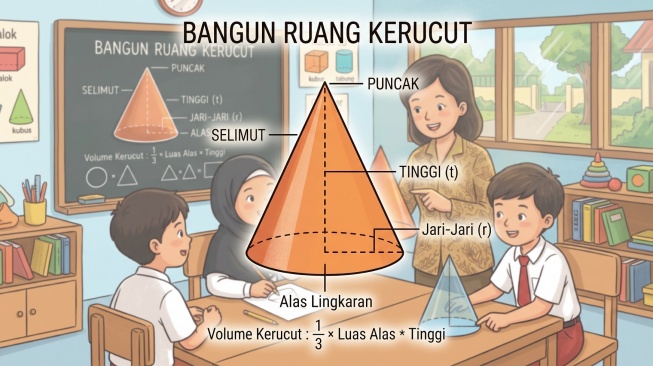 ilustrasi anak-anak belajar bangun ruang kerucut (Gemini AI)