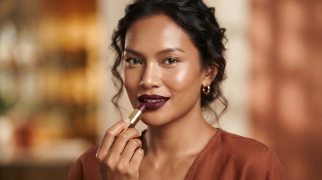 Ilustrasi wanita pakai lipstik warna plump (AI)