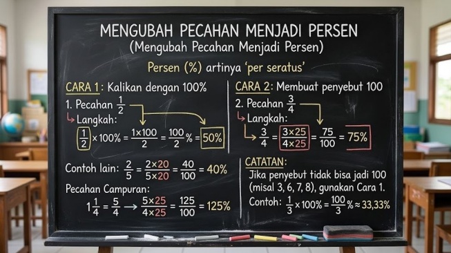 Ilustrasi Cara Mengubah Pecahan ke Persen. (Gemini AI)