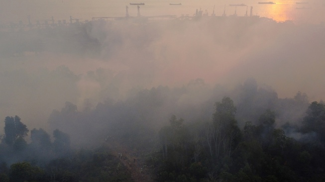 Foto udara kebakaran lahan di kawasan Kariangau, Balikpapan, Kalimantan Timur, Minggu (30/8/2026). [ANTARA FOTO/Angga Palguna/nym]