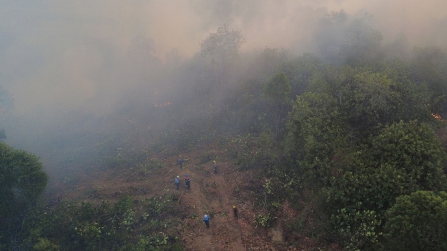 Foto udara kebakaran lahan di kawasan Kariangau, Balikpapan, Kalimantan Timur, Minggu (30/8/2026). [ANTARA FOTO/Angga Palguna/nym]