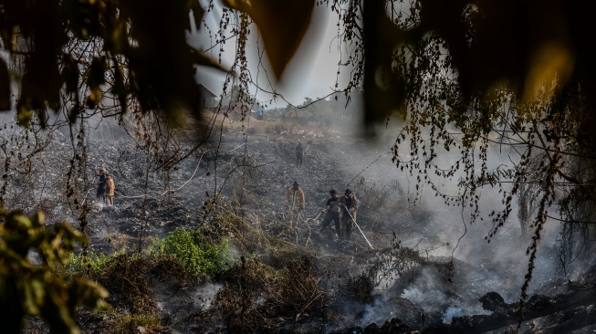 Petugas pemadam kebakaran berusaha memadamkan api di tempat pembuangan akhir (TPA) liar di Waringinkurung, Kabupaten Serang, Banten, Minggu (30/8/2026). [ANTARA FOTO/Muhammad Bagus Khoirunas/nym.]