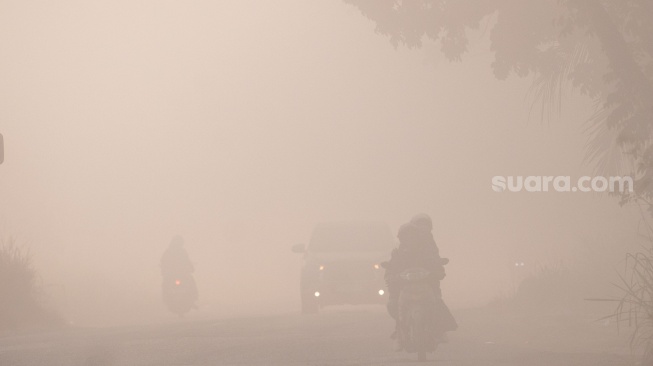 Pengendara melintas di jalan lingkar selatan Palembang-Banyuasin yang tertutup kabut asap di Kabupaten Banyuasin, Sumatera Selatan, Rabu (2/9/2026). [ANTARA FOTO/Nova Wahyudi/nz]