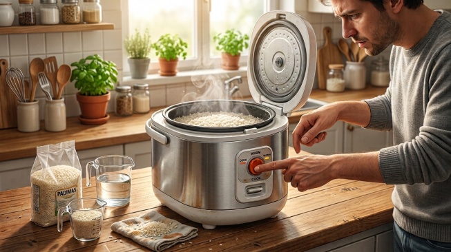nasi di rice cooker belum matang sudah jeglek (Gemini AI)