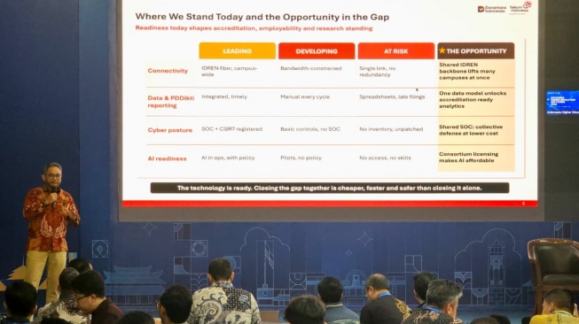 Direktur Strategic Business Development & Portfolio Telkom Seno Soemadji menyampaikan paparan dalam Indonesia Higher Education CIO Forum 2026 di Institut Teknologi Bandung. (Dok: Telkom)