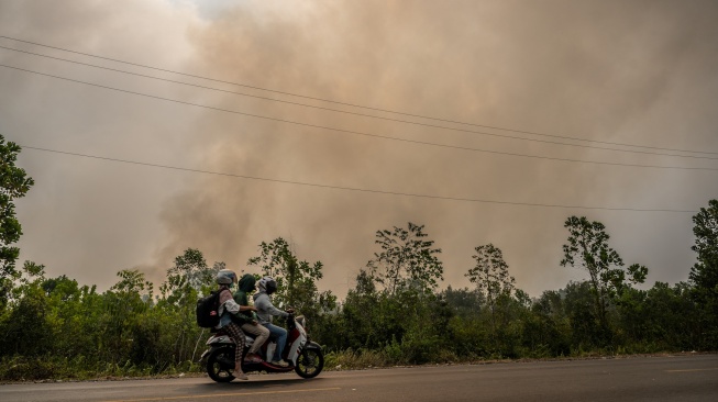 Pengendara sepeda motor melintas di Jalan Gubernur Syarkawi yang tertutup kabut asap akibat kebakaran hutan dan lahan (karhutla) di Kabupaten Banjar, Kalimantan Selatan, Rabu (2/9/2026). [ANTARA FOTO/Bayu Pratama S/nym]