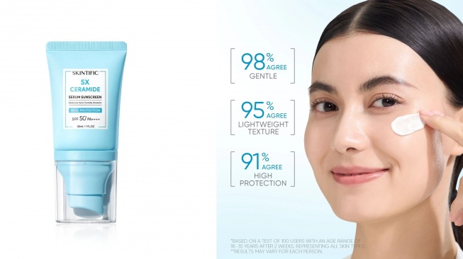 Skintific biru alias Skintific 5X Ceramide Serum Sunscreen SPF 50+ PA++++. (id.skintific.com)