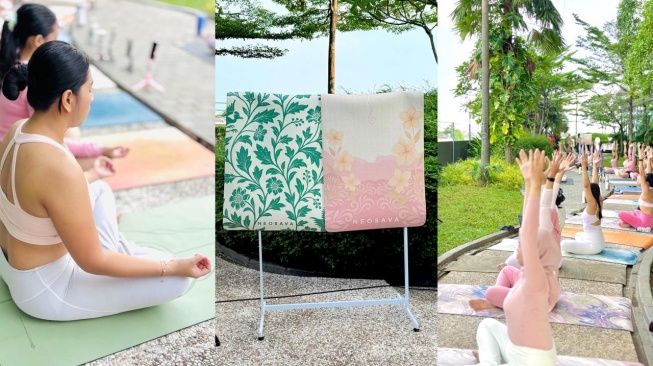 Dukungan matras dan perlengkapan yoga Neosava pada salah satu acara wellness komunitas.