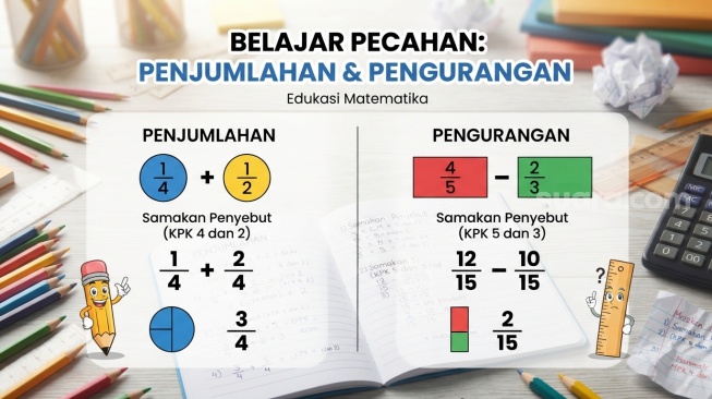 Penjumlahan dan pengurangan pecahan beda penyebut. (Suara.com/AI)
