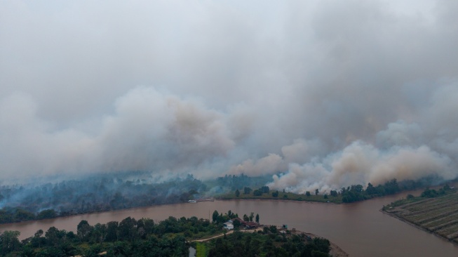 Foto udara asap membumbung tinggi dari hutan yang terbakar di kawasan Suaka Margasatwa (SM) Padang Sugihan, Kecamatan Air Sugihan, Kabupaten Ogan Komering Ilir (OKI), Sumatera Selatan, Kamis (10/9/2026). [ANTARA FOTO/Nova Wahyudi/tom]