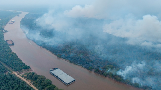 Foto udara asap membumbung tinggi dari hutan yang terbakar di kawasan Suaka Margasatwa (SM) Padang Sugihan, Kecamatan Air Sugihan, Kabupaten Ogan Komering Ilir (OKI), Sumatera Selatan, Kamis (10/9/2026). [ANTARA FOTO/Nova Wahyudi/tom]