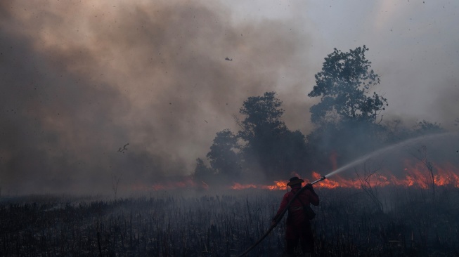 Personel Manggala Agni Daops Sumatera XIV-Banyuasin dibantu helikopter Black Hawk VH-UHG milik BNPB melakukan pemadaman kebakaran lahan di Desa Rambutan, Kecamatan Indralaya Utara, Kabupaten Ogan Ilir (OI), Sumatera Selatan, Sabtu (12/9/2026). [ANTARA FOTO/Nova Wahyudi/tom]