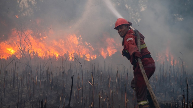 Personel Manggala Agni Daops Sumatera XIV-Banyuasin berusaha memadamkan kebakaran lahan di Desa Rambutan, Kecamatan Indralaya Utara, Kabupaten Ogan Ilir (OI), Sumatera Selatan, Sabtu (12/9/2026). [ANTARA FOTO/Nova Wahyudi/tom]