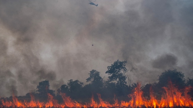 Helikopter Black Hawk VH-UHG milik BNPB melakukan pemadaman kebakaran lahan dari udara (water boombing) di Desa Rambutan, Kecamatan Indralaya Utara, Kabupaten Ogan Ilir (OI), Sumatera Selatan, Sabtu (12/9/2026). [ANTARA FOTO/Nova Wahyudi/tom]