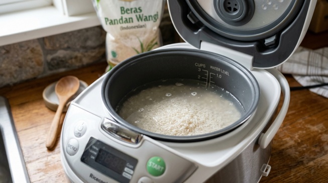 Ilustrasi memasak nasi di rice cooker dan ukuran airnya [Foto oleh Gemini AI]