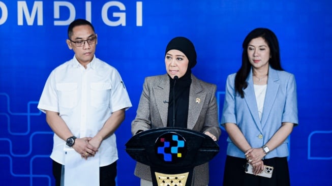 Menteri Komunikasi dan Digital (Menkomdigi), Meutya Hafid dalam jumpa pers di kantor Komdigi Jakarta, belum lama ini. [Komdigi]