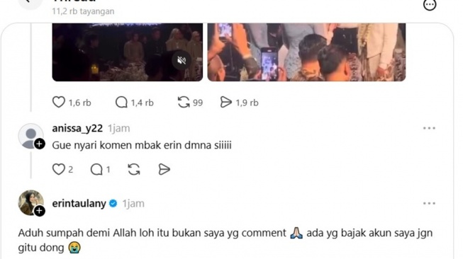 Postingan Erin Taulany [Istimewa]