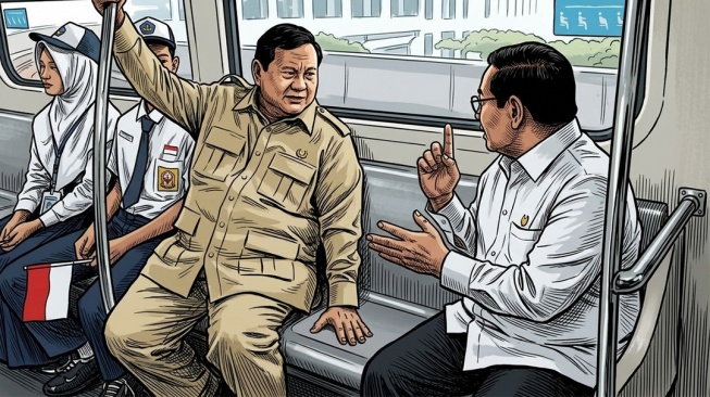 Presiden Prabowo Subianto dan Gubernur Jakarta Pramono Anung berbincang dalam gerbong LRT sebelum meresmikan LRT Kelapa Gading-Manggarai pada Rabu (16/9/2026). [Suara.com/Syahda]