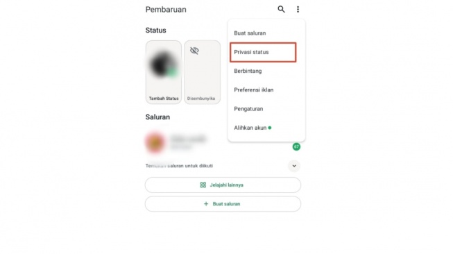 Fitur WhatsApp - 1 Pergi ke menu Pembaruan kemudian pilih titik tiga di kanan atas dan pilih Privasi status. [Suara.com]