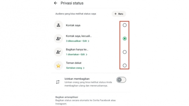 Fitur WhatsApp - 2 Pilih siapa saja dari kontakmu  yang kamu kehendaki untuk dapat melihat update story mu. [Suara.com]