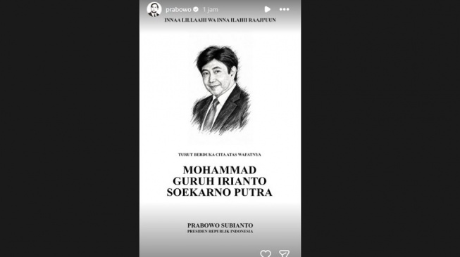 Presiden Prabowo Subianto menyampaikan belasungkawa atas wafatnya Guruh Soekarnoputra melalui fitur Instastory di akun Instagram resminya, @prabowo.
