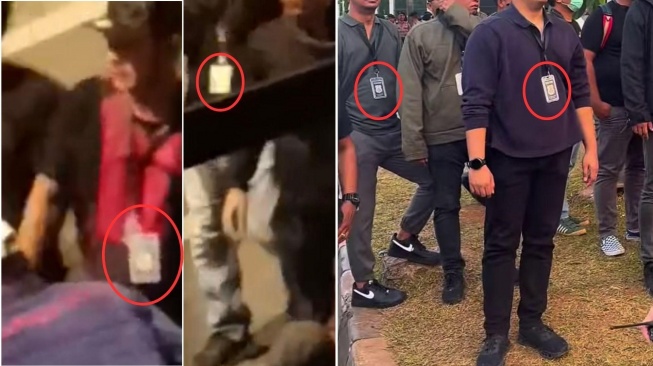 Kolase foto beberapa orang yang berada di sekitar pengeroyokan mengenakan kalung tanda pengenal mirip yang digunakan anggota polisi. [Sumber: Istimewa dan Instagram @indahhh2009]