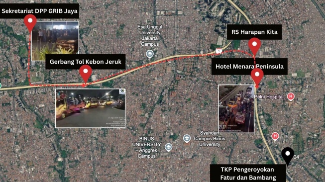Keterangan: Rute pergerakan GRIB Jaya. Massa berikat kepala putih ini tertangkap kamera terakhir kali di flyover Slipi dekat Hotel Menara Peninsula. [Sumber: Istimewa]