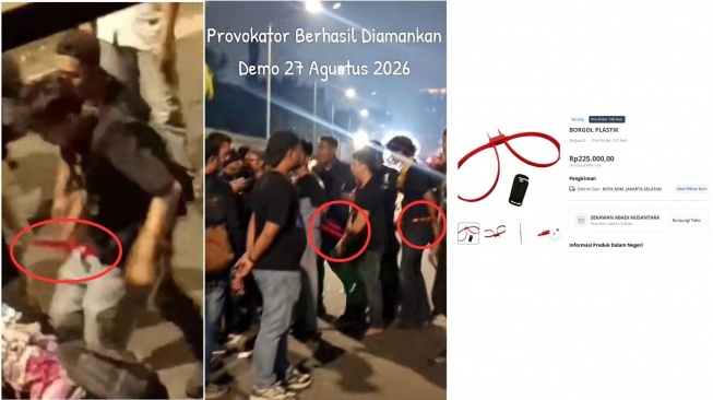 Foto sejumlah orang diduga anggota polisi berpakaian kaus hitam membawa borgol ties merah. [Sumber: Istimewa, TikTok @arie_genks, katalog INAPROC]