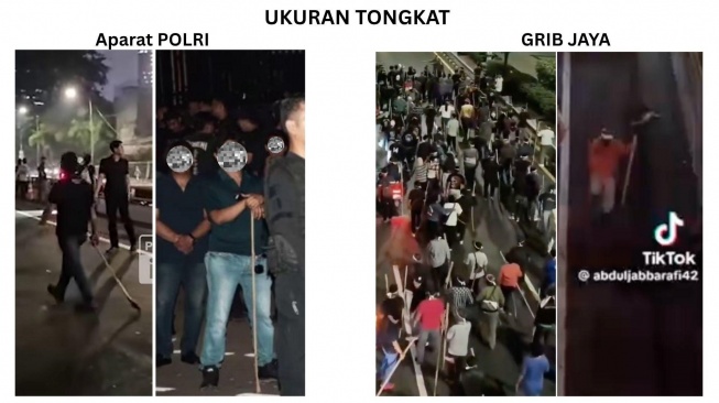 Kolase foto ukuran tongkat yang digunakan massa GRIB dan polisi. [Sumber: iNews, TikTok @bang_naga2010, Istimewa, TikTok @abduljabbarafi42]