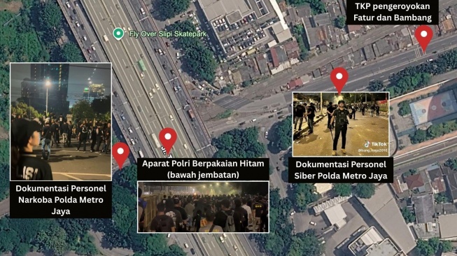 Kolase foto tangkapan layar unggahan akun Instagram @indahhh2009, TikTok @bang_naga2010 dan rombongan polisi berpakaian hitam. [Sumber: Instagram @indahhh2009, TikTok @bang_naga2010 dan Istimewa]