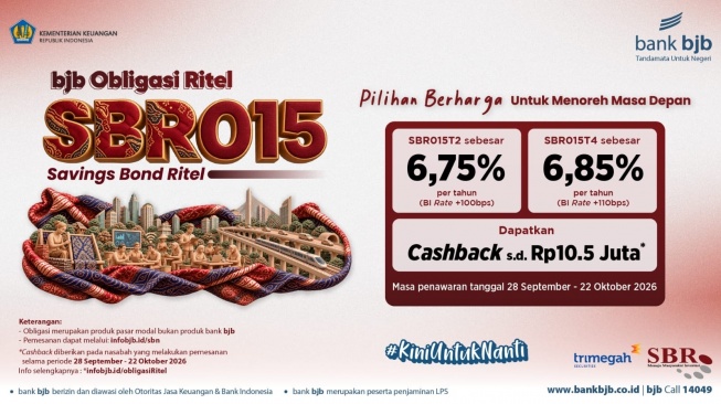 Savings Bond Ritel (SBR) seri SBR015 tersedia pada periode penawaran 28 September - 22 Oktober 2026. (Dok: bank bjb)