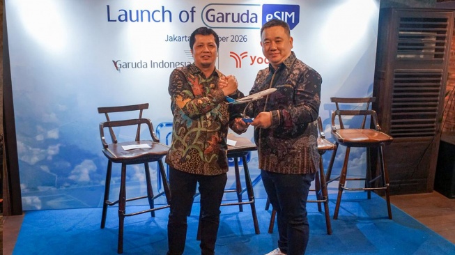 PT Garuda Indonesia (Persero) Tbk dan Yoowifi Indonesia 
meluncurkan Garuda eSIM di Jakarta, Kamis (1/10/2026. [Handout]