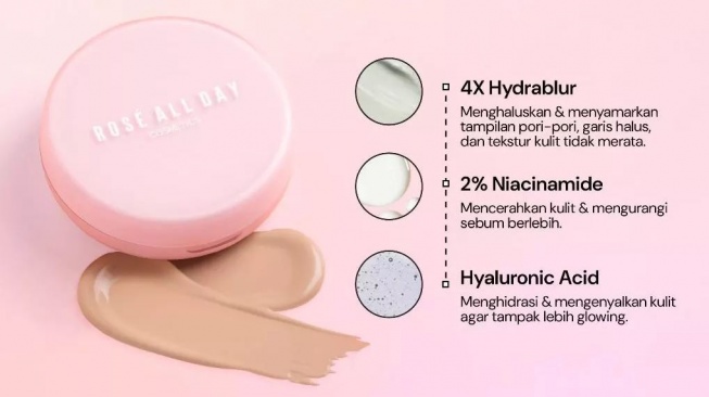 Cushion ringan di wajah, Rose All Day The Realest Lightweight Essence Cushion. (Shopee)