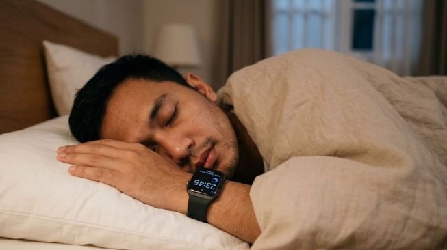 Ilustrasi Tidur Pakai Smartwatch. (Gemini AI)