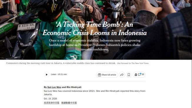 New York Times Sorot Krisis Ekonomi Mengancam Indonesia: Bom Waktu yang Terus Berdetak