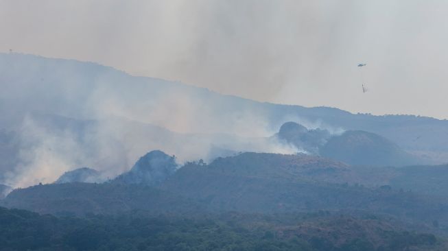 Asap membubung dari lokasi kebakaran hutan di kawasan Gunung Ciremai, Kuningan, Jawa Barat, Jumat (23/10/2026). [ANTARA FOTO/Dedi Suwidiantoro/kye]
