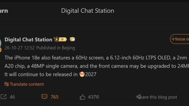 Bocoran iPhone 18e. [Weibo]